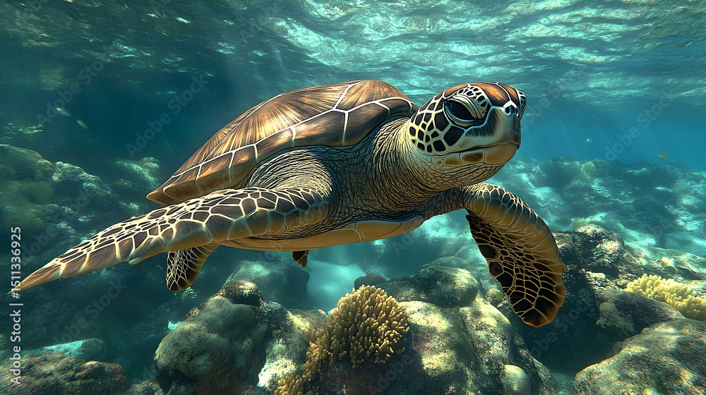 Fototapeta premium A sea turtle swims gracefully amidst coral reefs.