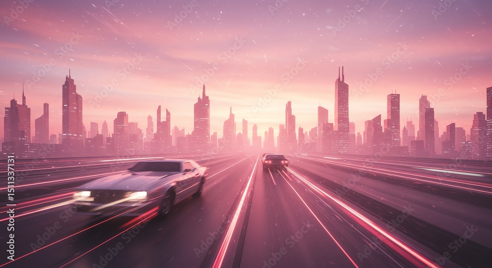 Obraz premium Retro Cars Speeding Through a Pink-Hued Futuristic Cityscape at Sunset