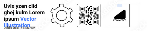 Gear symbolizing process, QR code for digital interaction, commerce pack for online sales. Ideal for technology, automation, logistics, digital retail, packaging, e-commerce simple landing page