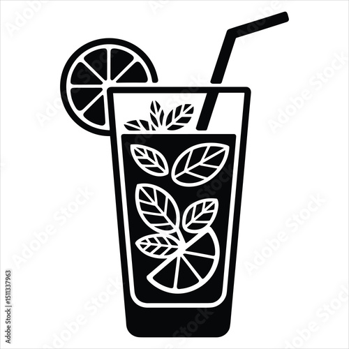 Vector graphic of a black silhouette of a mojito glass, tall and narrow, with mint leaves