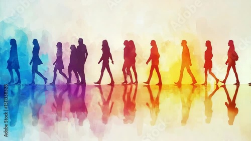 Silhouettes of walking people with colorful watercolor reflection concept