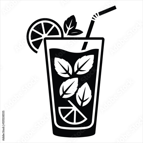 Vector graphic of a black silhouette of a mojito glass, tall and narrow, with mint leaves