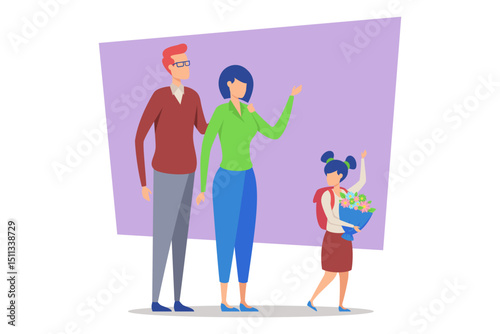 Family celebrating school achievement with young girl holding bouquet of flowers. Parents smiling and waving, expressing pride and joy in this moment