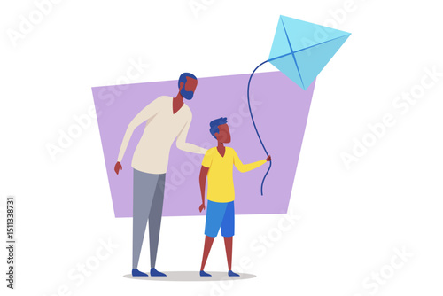 Father and son sharing joyful moment while flying blue kite together. family in spacious park enjoying sunny day filled with laughter