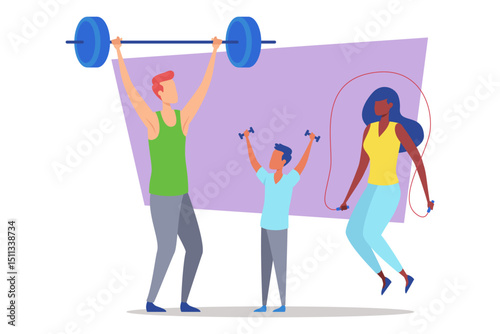 Family enjoying fun fitness session at home. Father lifting weights while son holding smaller dumbbells and mother jumping rope, promoting exercise and healthy habits