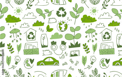 Seamless eco friendly pattern with green elements of nature and recycling for sustainable living design 