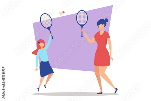 Joyful family engaged in game of badminton, with child and adult holding rackets. Mother and daughter outside, showcasing their excitement and bonding through sport