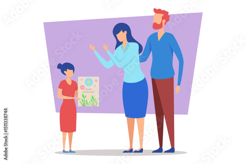 Family standing together in colorful environment as child presenting drawing. Parents showing joy and encouragement while appreciating artistic effort
