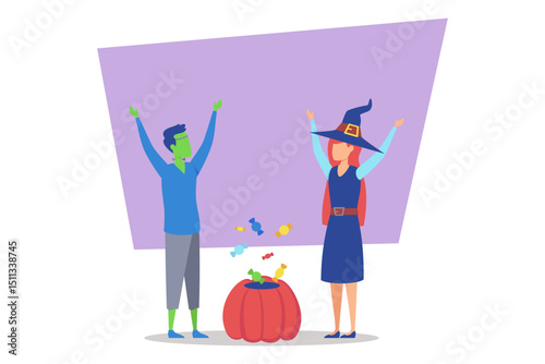 Two children, one in witch costume and other as green monster, joyfully celebrating while standing beside pumpkin filled with candy during festive gathering
