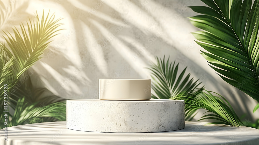 Obraz premium Light beige cylinder display stand surrounded by lush palm leaves.
