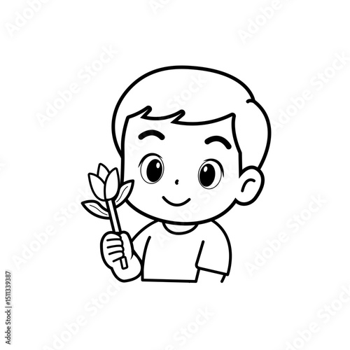 boy holding flowers in white clothes cartoon character