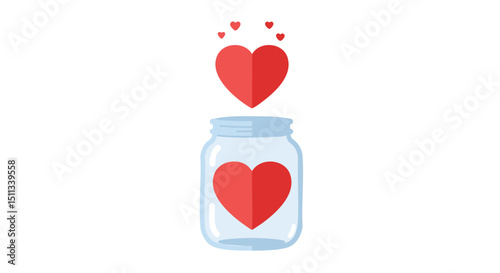 charity donation concept,Red hearts falling into a glass jar, representing generosity and donation, for websites and social media