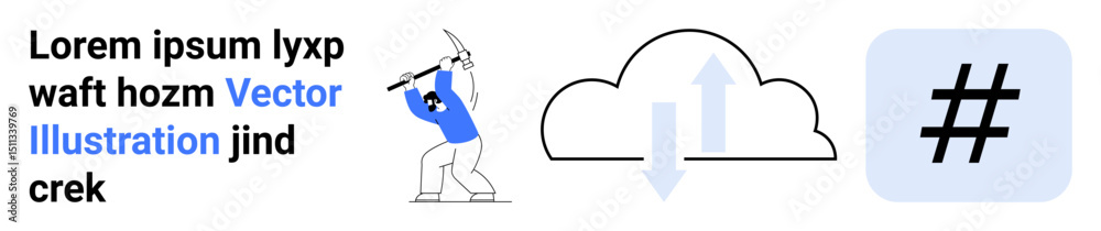 Obraz premium Miner swinging pickaxe, cloud with up and down arrows, bold metadata tag symbol. Ideal for data mining, cloud computing, digital marketing, social media, technology innovation, connectivity simple