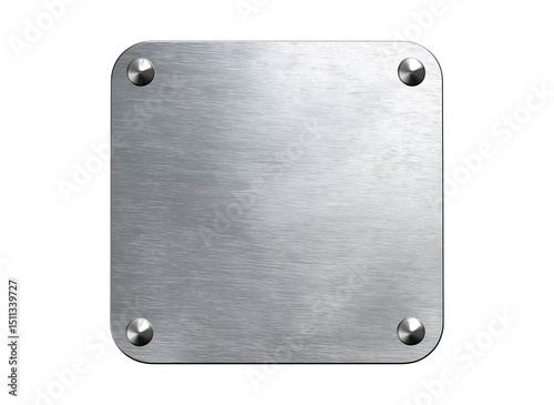 A square metal plate with rounded corners, in a silver color on transparent background