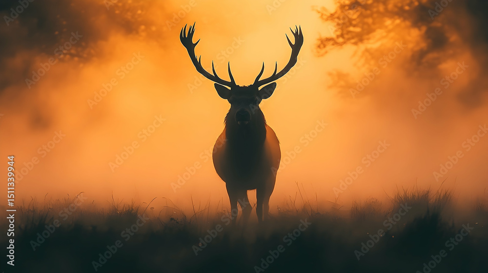 Obraz premium Silhouette of a stag in a golden sunrise.