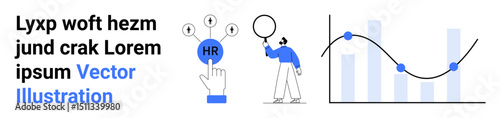 Hand selecting HR icon with connected symbols, person analyzing data with magnifier, line graph chart with bar elements. Ideal for HR management, analytics, recruitment, workforce strategy, data