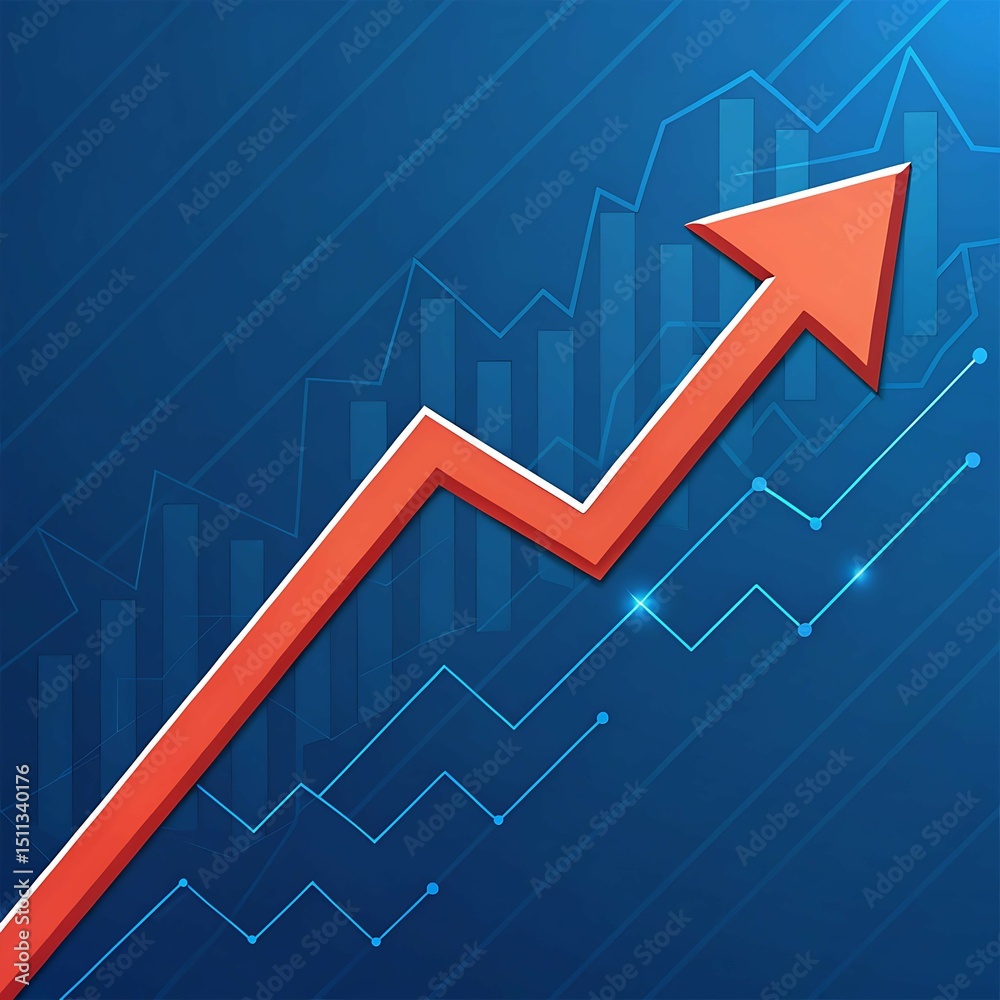 Obraz premium Sharp upward business trend line on a glowing blue tech-style background with modern financial elements, perfect for growth, statistics, and investment concept presentations or dashboards