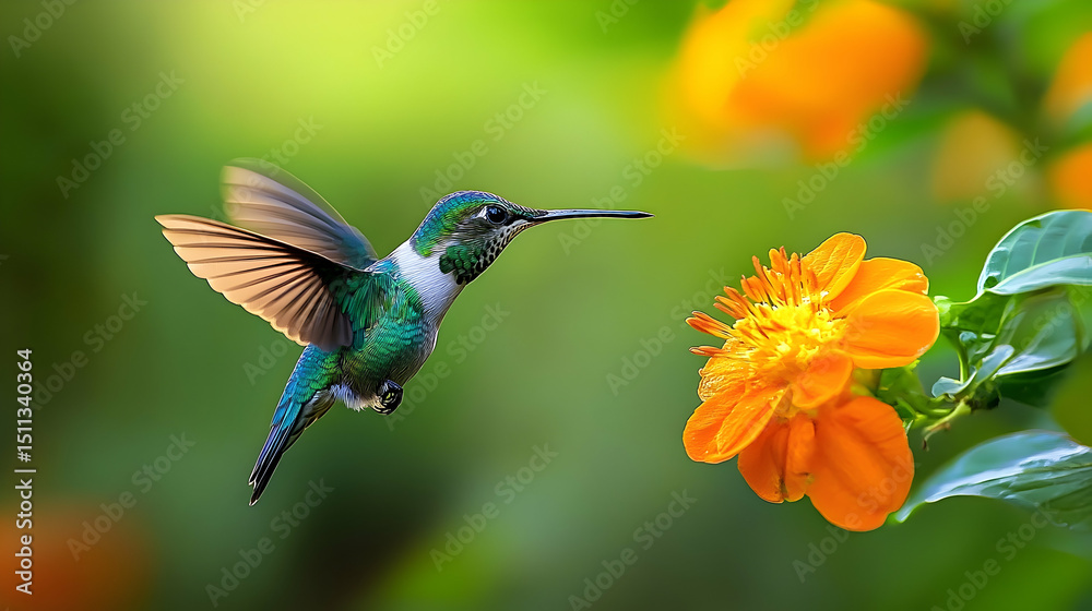 Fototapeta premium Vibrant hummingbird in flight near an orange flower.