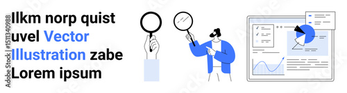 Individual holding magnifying glass analyzing graphs and charts. Ideal for research, analytics, data visualization, problem-solving, education, technology, innovation, and simple landing page
