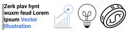 Bar chart with upward arrow, glowing light bulb, and coin outline signifying growth, creativity, and wealth. Ideal for business, startups, strategy, finance marketing innovation simple landing
