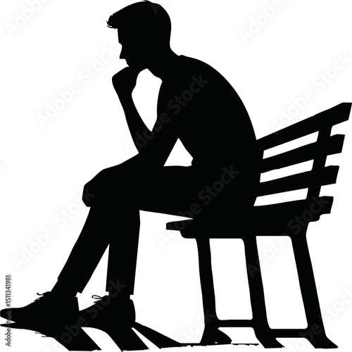 Silhouette of a person sitting and thinking on a bench with hand on chin.vector on white backlground