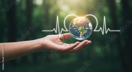 Fototapeta Naklejka Na Ścianę i Meble -  Hand holding earth globe with heartbeat line on a blurred green background for earth day concept