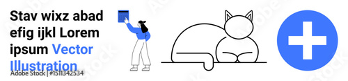 Woman in blue attire, placing a book on a shelf. A minimal line art sleeping cat and a bold blue plus sign accent. Ideal for education, reading habits, pet care, simplicity, creativity, minimalism