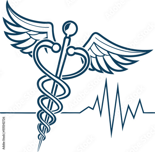 Caduceus medical symbol with heartbeat line graphic