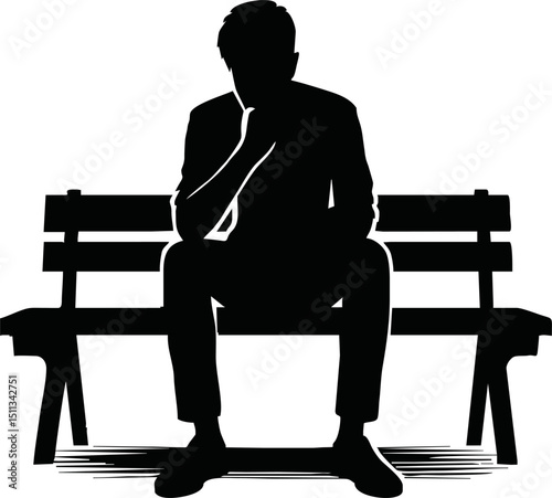 Silhouette of a person sitting and thinking on a bench with hand on chin.vector on white backlground