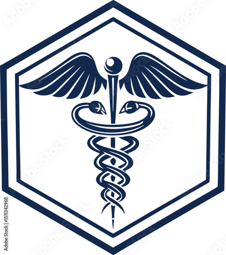 Caduceus medical symbol in hexagon logo design