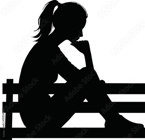 Silhouette of a person sitting and thinking on a bench with hand on chin.vector on white backlground