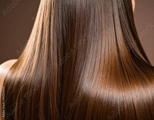 Close up view of long straight brown hair cascading down a person's back in a studio setting