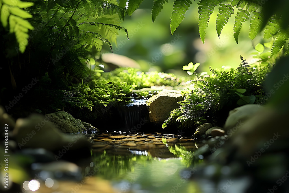Fototapeta premium A small stream flowing through a lush green environment.