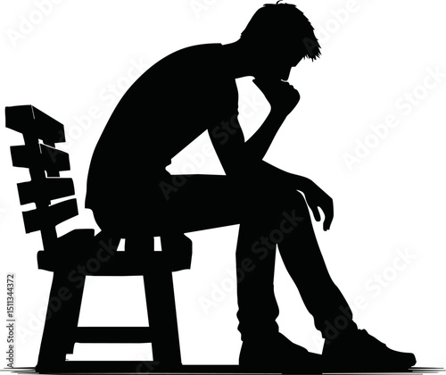 Silhouette of a person sitting and thinking on a bench with hand on chin.vector on white backlground