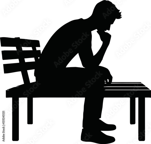 Silhouette of a person sitting and thinking on a bench with hand on chin.vector on white backlground
