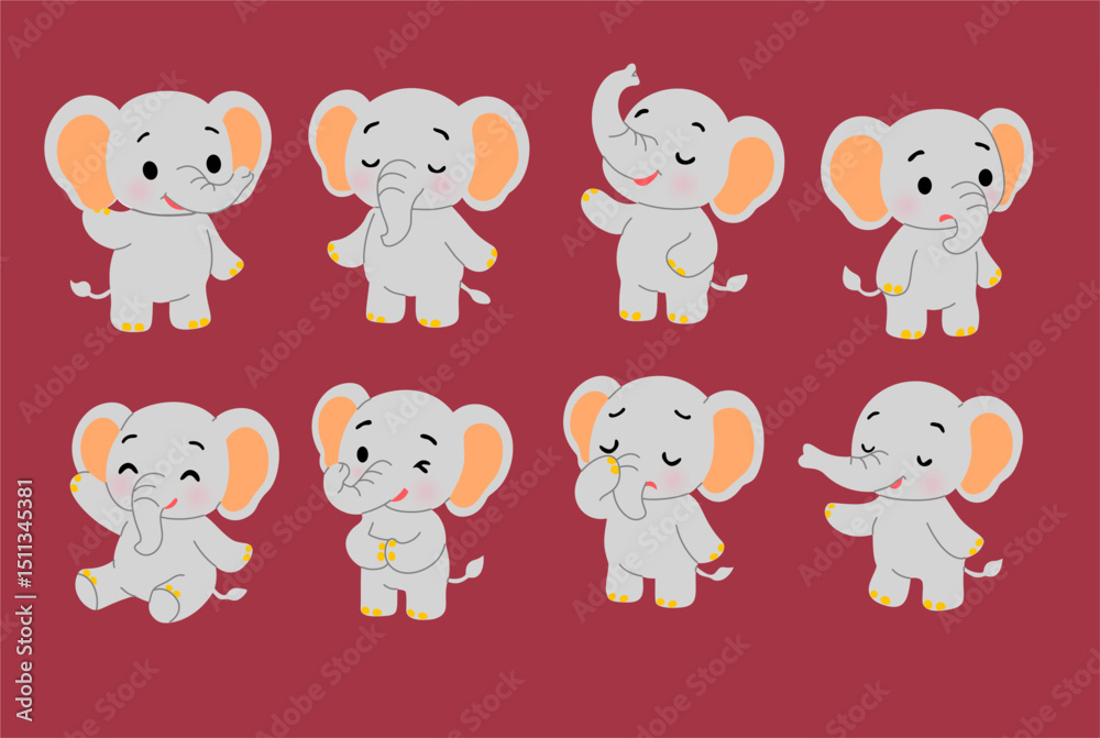 Obraz premium Collection of Cute Cartoon Elephants with Various Poses and Emotions