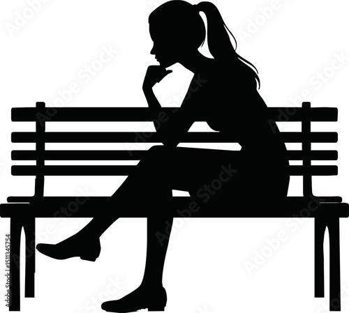 Silhouette of a person sitting and thinking on a bench with hand on chin.vector on white backlground
