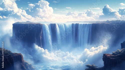 Majestic Waterfall Cascading Down Cliff with Scenic Blue Sky