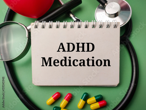 Notebook and doctor's equipment with the word ADHD MEDICATION on a green background