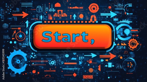 Bright Start Button with Data Graphics and Futuristic Elements