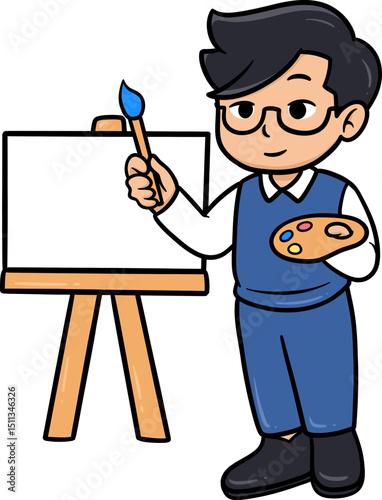 Illustration of a male art instructor holding a brush and palette beside a blank easel.