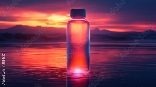 Vibrant Water Bottle Against Dramatic Sunset Background