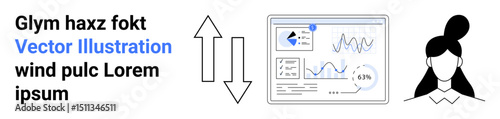 Vertical arrows linking analytics dashboard with charts and text to female avatar. Ideal for teamwork, remote collaboration, communication, data analysis, user settings, creativity, simple landing