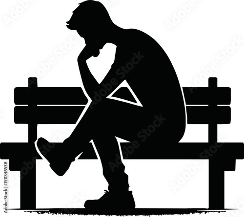 Silhouette of a person sitting and thinking on a bench with hand on chin.vector on white backlground