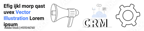 Megaphone for communication, CRM with cloud and connections for customer management, gear for processes or automation. Ideal for technology, marketing, communication, sales, networks, productivity