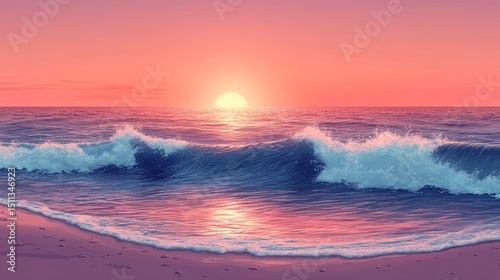 Serene Sunset Over Ocean Waves with Pink Sky and Gentle Tide