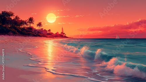 Serene Sunset Over Tranquil Beach with Gentle Waves and Palm Trees
