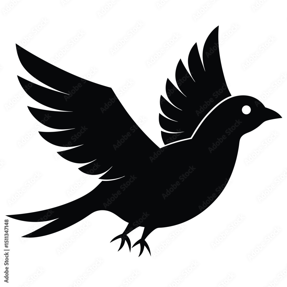 Obraz premium A black flying dove or pigeon silhouette vector illustration with wings for a symbol of peace or design and tattoo art