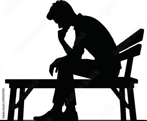 Silhouette of a person sitting and thinking on a bench with hand on chin.vector on white backlground