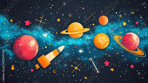 Colorful Illustration of Planets, Rockets, and Stars in Space
